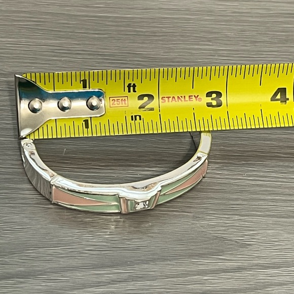 Silver Hinged Bangle Bracelet w/ Seafoam Green and Peach Enamel and CZ Diamond - Picture 6 of 6